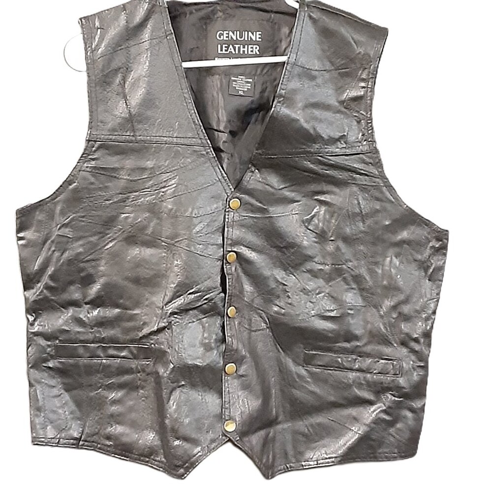 Navarre Leather Company Vest XL Black Genuine Leather Italian Goth Snap Sm spots